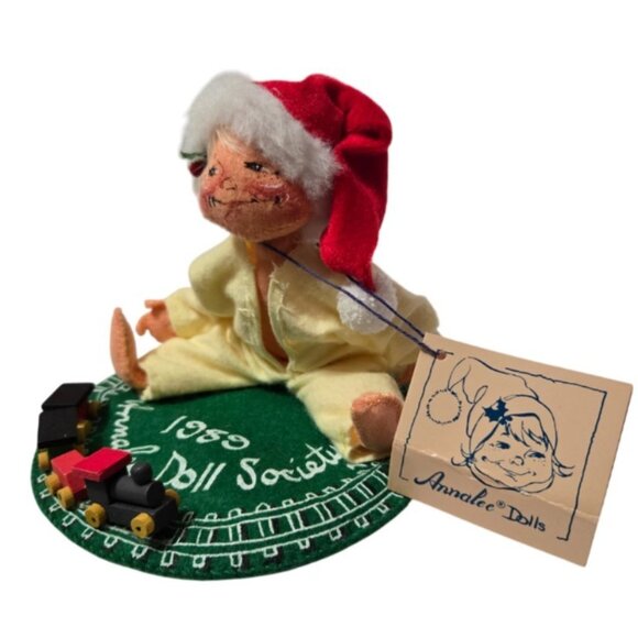 Annalee Doll Society 1989 Kid In Pajamas W/Santa Hat Wooden Train & Bear W/Tag - Picture 9 of 11